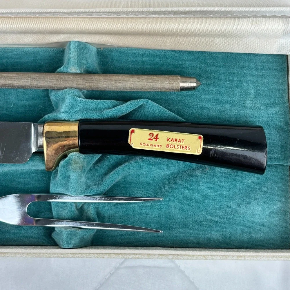 Vintage Washington Forge Steak Knife Carving Set 24K Gold Plated‎ Boxed MCM